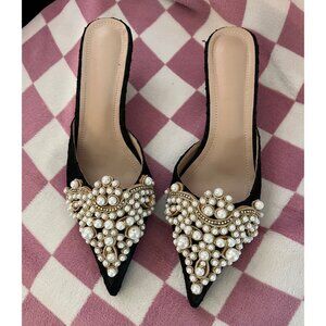 Black Pointed-Toe Mules With Pearl & Rhinestone Embellishments